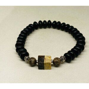 Zebra Jasper Bracelet 8" Square Dual‑Color Center Bead Black Stone Silver Spacer